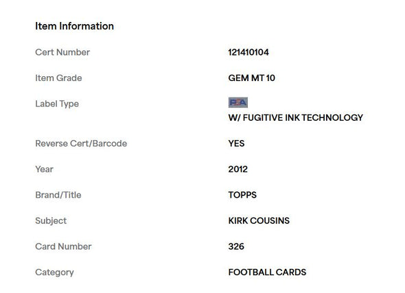 2012 Topps Kirk Cousins #326 PSA 10