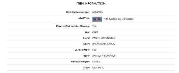 2020-21 Panini Chronicles-Anthony Edwards Honors Green #588 PSA 10