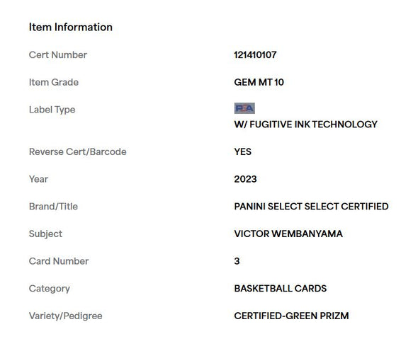 2023-24 Panini Select Victor Wembanyama Select Certified Green Prizm #3 PSA 10