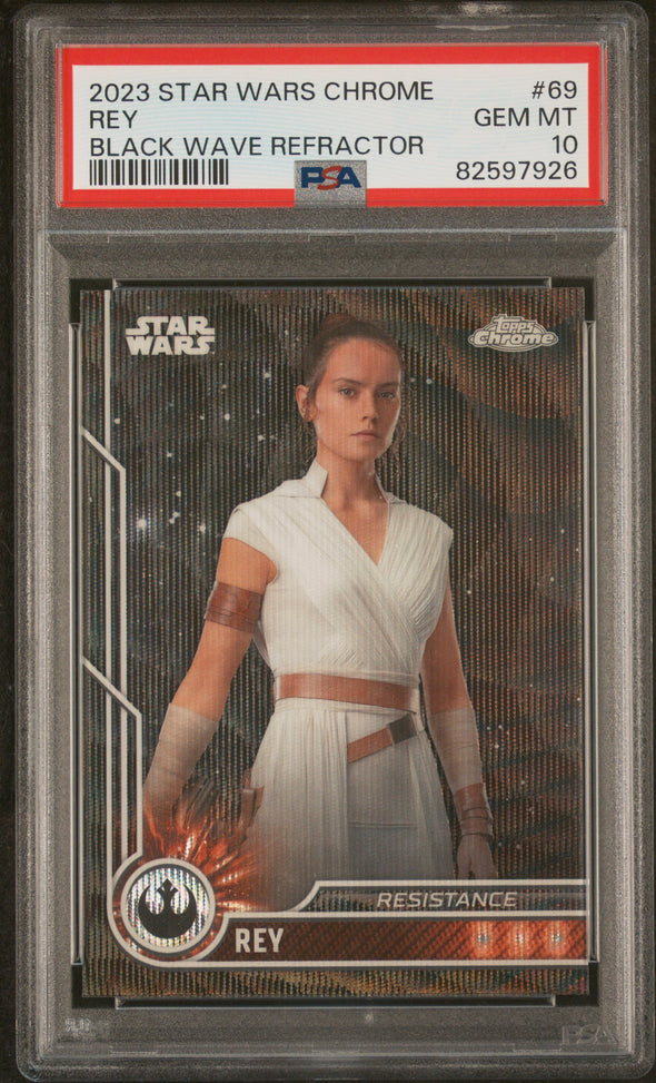 2023 Topps Chrome Star Wars Rey Black Wave Refractor #69 PSA 10