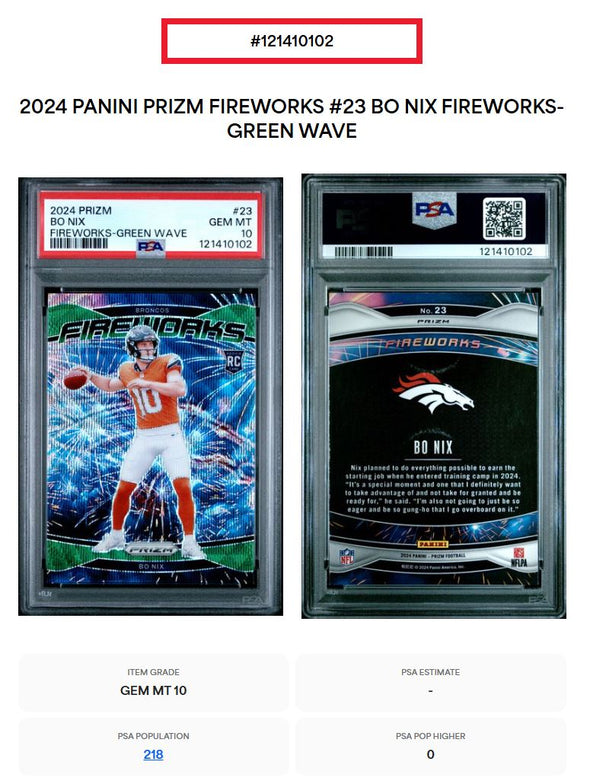 2024 Panini Prizm Bo Nix Fireworks Green Wave #23 PSA 10