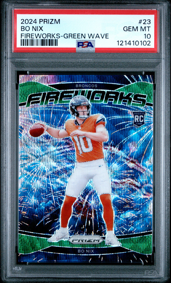 2024 Panini Prizm Bo Nix Fireworks Green Wave #23 PSA 10