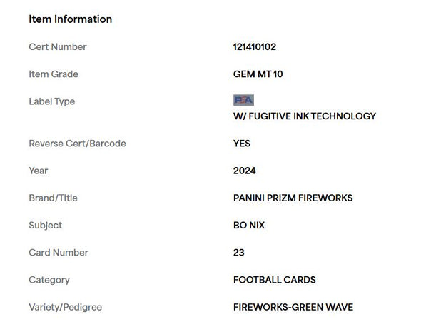 2024 Panini Prizm Bo Nix Fireworks Green Wave #23 PSA 10