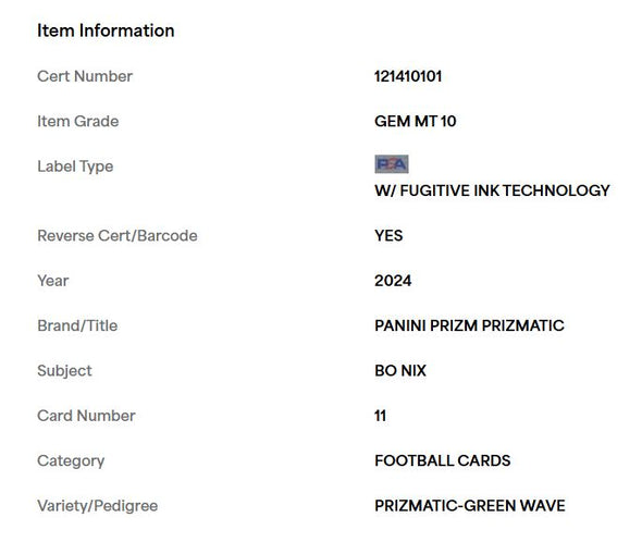 2024 Panini Prizm Bo Nix Prizmatic Green Wave #11 PSA 10