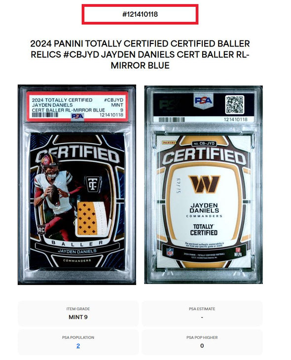 2024 Totally Certified Jayden Daniels #CBJYD Certified Baller Relic Mirror Blue PSA 9