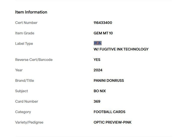 2024 Donruss-Bo Nix-Optic Preview Pink PSA 10