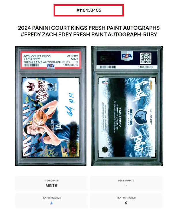 2024-25 Court Kings Fresh Paint Autographs Zach Edey #'d 99 PSA 9