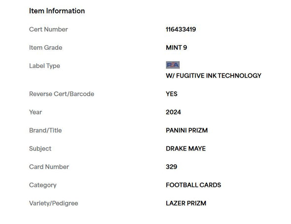 2024 Prizm-Drake Maye #329 Orange Lazer Prizm PSA 9