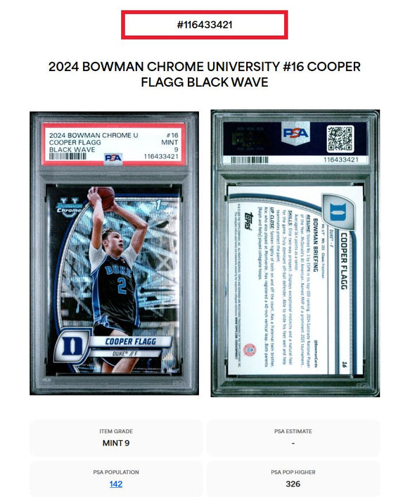 2024 Bowman Chrome University #16 Cooper Flagg Black Wave PSA 9