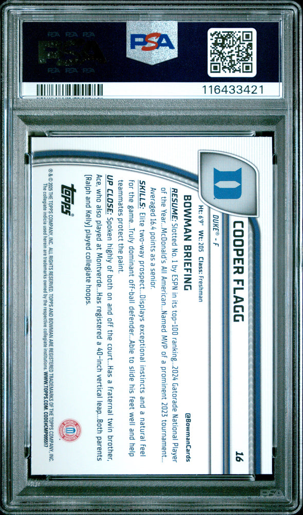 2024 Bowman Chrome University #16 Cooper Flagg Black Wave PSA 9