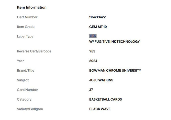 2024 Bowman Chrome University #37 JuJu Watkins Black Wave PSA 10