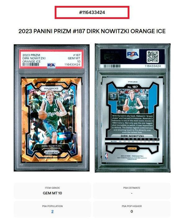 2023 Prizm # 187 Dirk Nowitzki Orange Ice PSA 10
