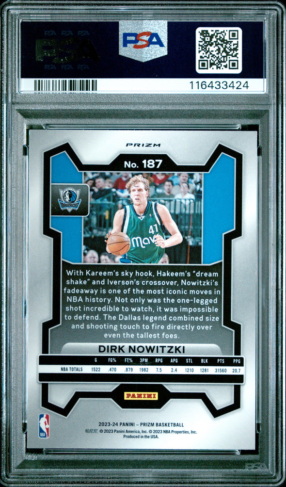 2023 Prizm # 187 Dirk Nowitzki Orange Ice PSA 10