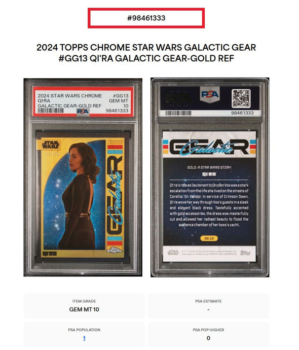 2024 Topps Chrome Star Wars QI'RA #GG13 Galactic Gear Gold Refractor PSA 10