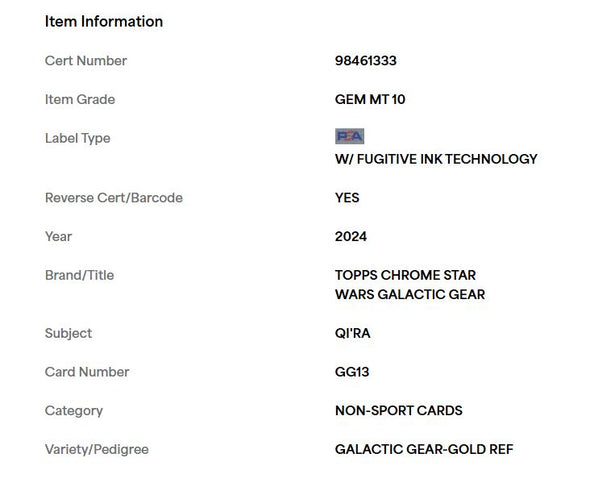 2024 Topps Chrome Star Wars QI'RA #GG13 Galactic Gear Gold Refractor PSA 10